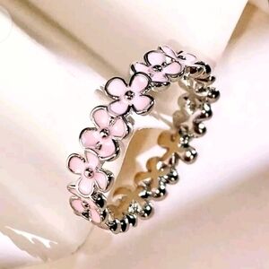 Sterling Silver Pink Flower Ring - Size 7 & 8